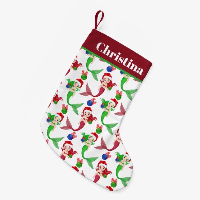 Cute Christmas Holiday mermaid Small Christmas Stocking (Front (Hanging))