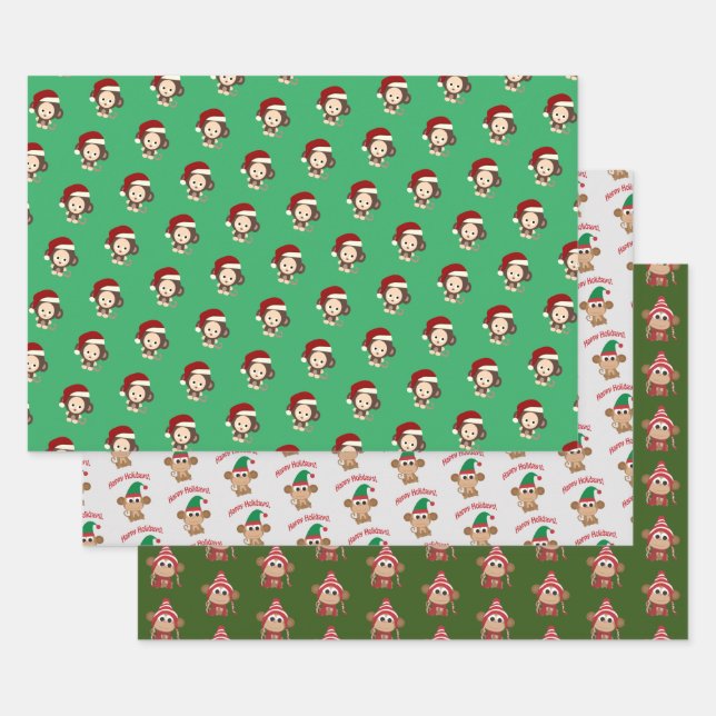 Cute  Christmas Holiday Monkeys Wrapping Paper Sheet (Set)