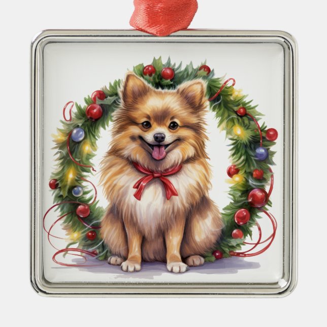 CUTE CHRISTMAS HOLIDAY POMERANIAN DOG & WREATH METAL ORNAMENT (Front)