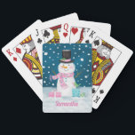 Cute Christmas Holiday Snowman Playing Cards<br><div class="desc">Cute navy blue,  pink and white snowman playing cards. Customize this with your name,  or other text. You can also change the font,  adjust the font size and font colour,  move the text,  add additional text fields,  etc.</div>