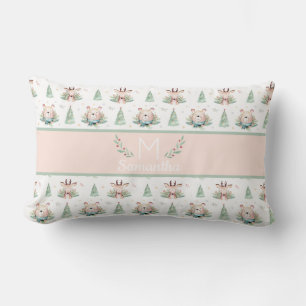 Cute Christmas Holiday Trees Bear & Deer Monogram Lumbar Pillow