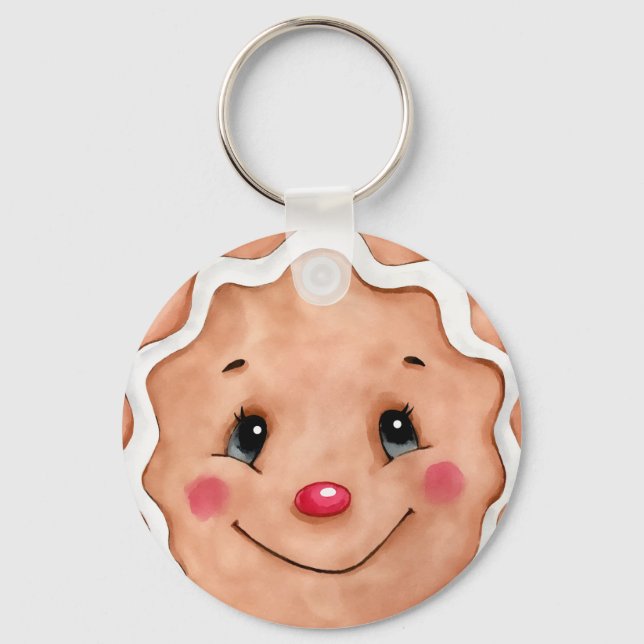 Cute Christmas Holiday Watercolor Gingerbread Face Keychain (Front)