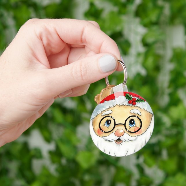 Cute Christmas Holiday Watercolor Santa Face Keychain (Hand)