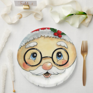 Cute Christmas Holiday Watercolor Santa Face Paper Plate