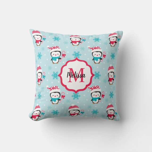 Cute Christmas Holiday Winter Penguin Throw Pillow (Front)