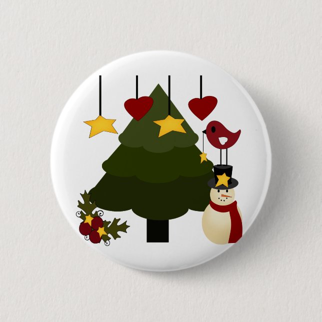 Cute Christmas Holidays Tree Snowman Stars Bird 2 Inch Round Button (Front)