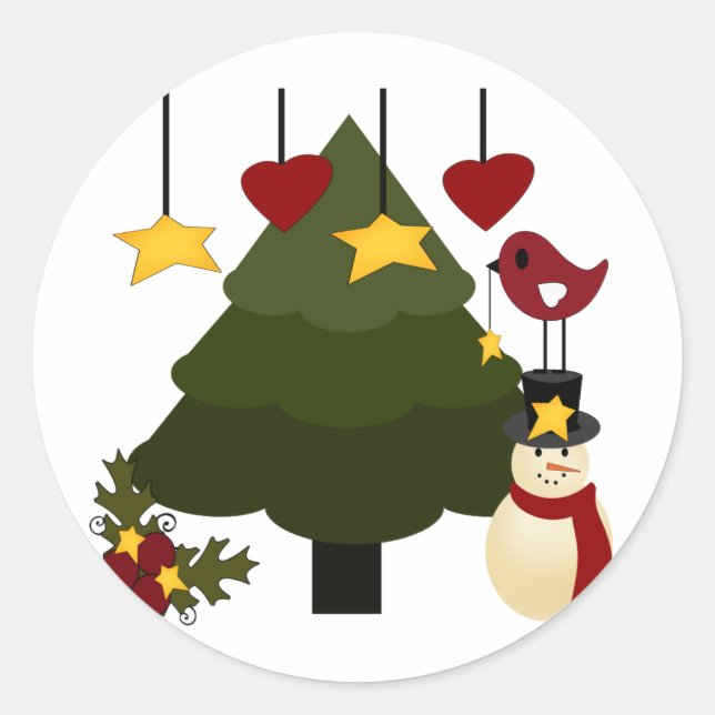 Cute Christmas Holidays Tree Snowman Stars Bird Classic Round Sticker (Front)
