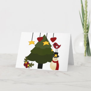 Cute Christmas Holidays Tree Snowman Stars Bird Holiday Card