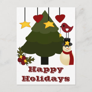 Cute Christmas Holidays Tree Snowman Stars Bird Holiday Postcard