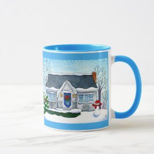Cute Christmas house with snowman mug