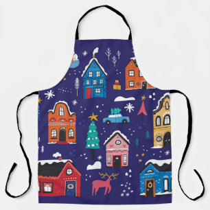 Cute Christmas houses flat vintage illustrations s Apron