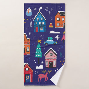 Cute Christmas houses flat vintage illustrations s Bath Towel