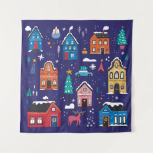 Cute Christmas houses flat vintage illustrations s Tapestry