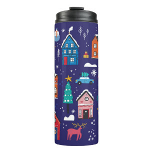 Cute Christmas houses flat vintage illustrations s Thermal Tumbler