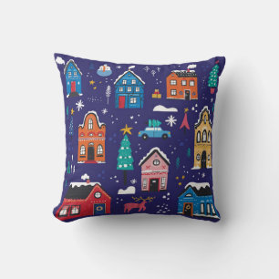 Cute Christmas houses flat vintage illustrations s Throw Pillow