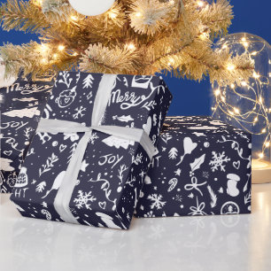 Cute Christmas illustrations pattern navy blue Wrapping Paper