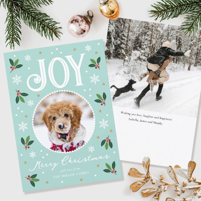 Cute Christmas Joy Custom Name Photo Mint Holiday Card (Creator Uploaded)