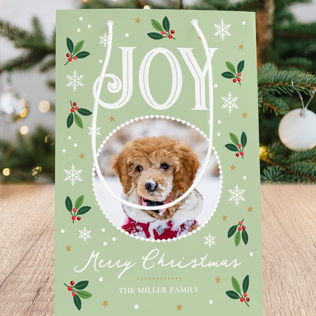 Cute Christmas Joy Snowflake Photo Green Medium Gift Bag (Creator Uploaded)