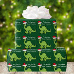 Cute Christmas Kids Dinosaur Santa Custom Wrapping Paper<br><div class="desc">Awesome green dinosaur Christmas wrapping paper. This apatosaurus looks very cute in a holiday red Santa hat with a little smile. I like prehistoric Christmas animals and presents that kids will love. Customize this gift with the recipient's name to make it even more personalized.</div>