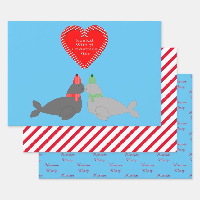 Cute Christmas Kissing Seals Custom Wrapping Paper Sheet (Set)