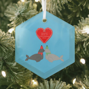 Cute Christmas Kissing Seals Glass Ornament
