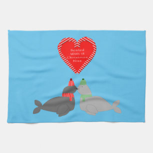 Cute Christmas Kissing Seals Kitchen Towel