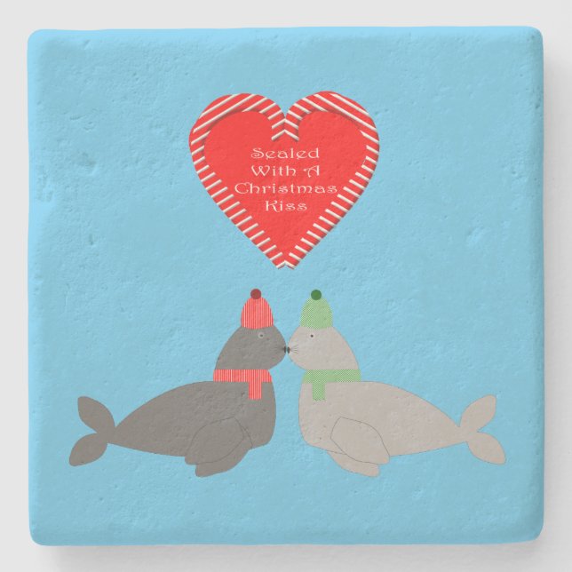 Cute Christmas Kissing Seals Stone Coaster (Front)