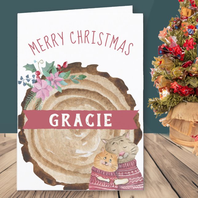 Cute Christmas Kitten Cats Rustic Holiday Card (Kids cute Christmas Card with childs name)