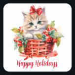 Cute Christmas Kitten in a Basket Square Sticker<br><div class="desc">Winter holiday theme design features illustration of a Christmas kitten in basket. Personalize with name or personal message. Perfect holiday gift for cat lovers. Use Edit Design button to resize or reposition image, change font style/colour, etc or use Transfer Design feature to transfer image to other merchandises of your choice....</div>