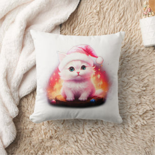 Cute Christmas Kitten in Santa Hat Throw Pillow