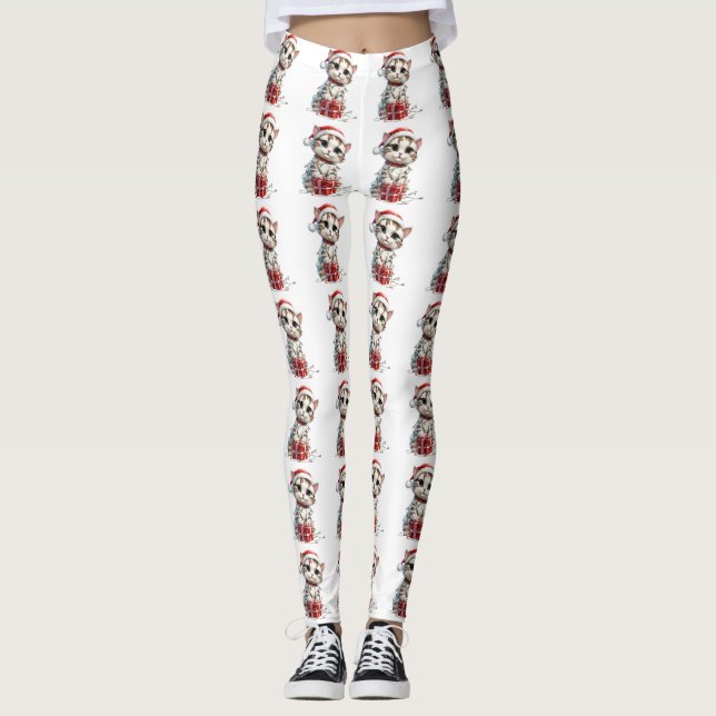 Cute Christmas Kitten on Gift Box Leggings (Front)