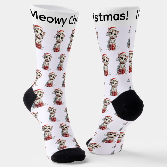 Cute Christmas Kitten on Gift Box Socks (Angled)