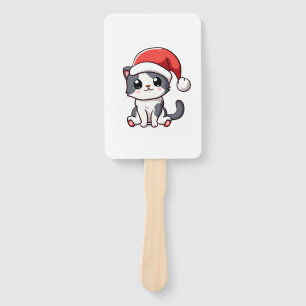 Cute Christmas kitten wearing Santa hat Hand Fan