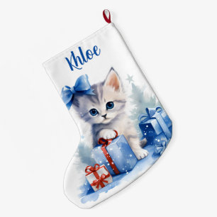 Cute Christmas Kitten with Gifts and Name Large Christmas Stocking