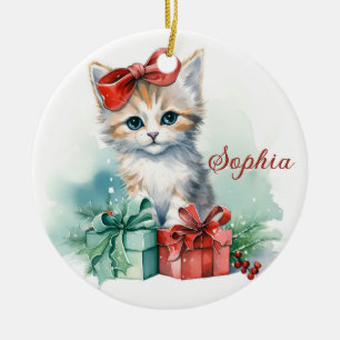 Cute Christmas Kitten with Gifts Christmas Ceramic Ornament