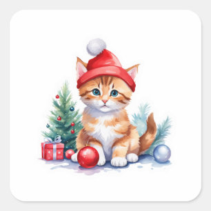 🎅 Cute Christmas Kitten with Santa Hat & Present  Square Sticker