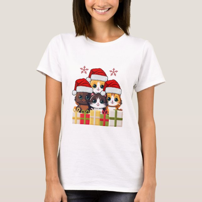 Cute Christmas Kittens Squad -Christmas Santa Cats T-Shirt (Front)