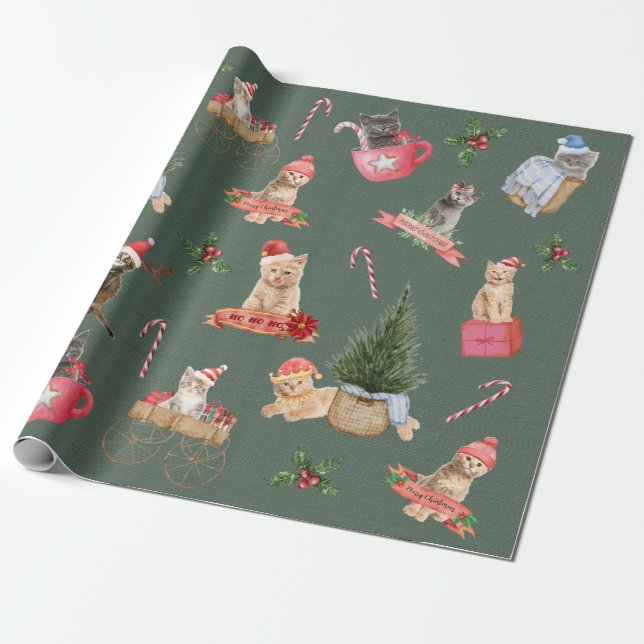 Cute Christmas Kitties Wrapping Paper (Unrolled)