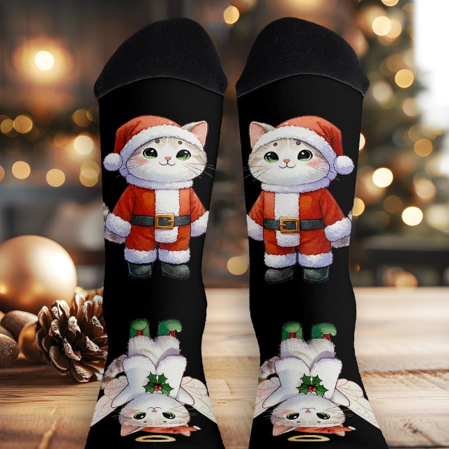 Cute Christmas Kitty Fun Angel Socks (Socks featuring cute illustrations of a Christmas cat and cat angel)