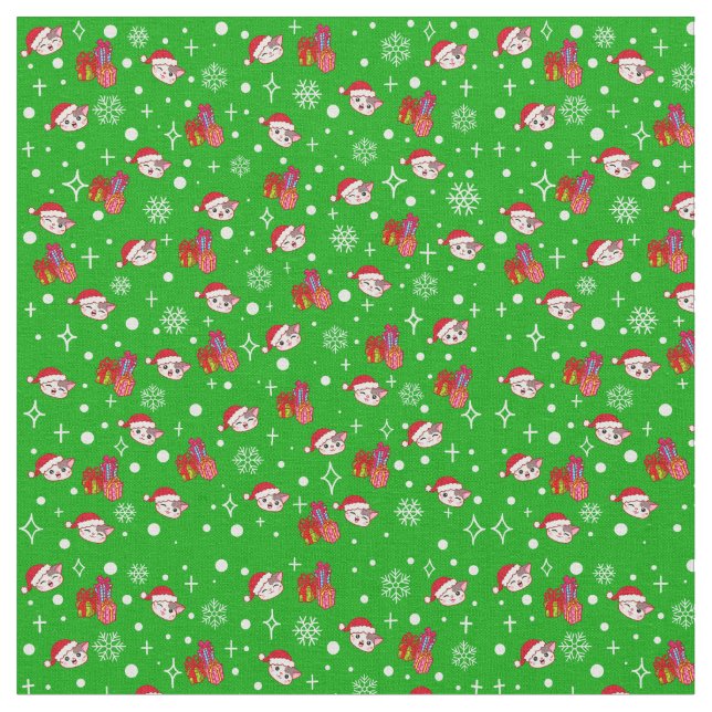 Cute Christmas Kitty Green Holiday Fabric (Close Up)