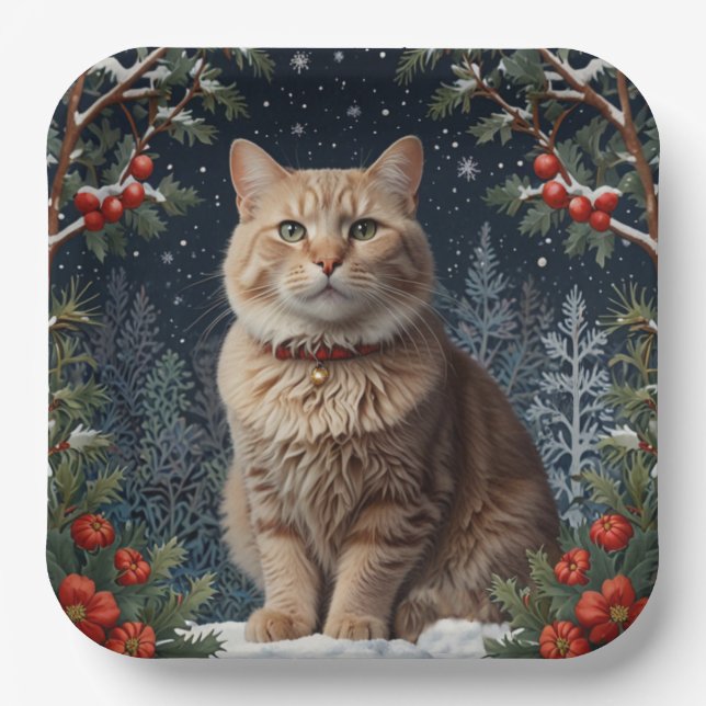 Cute Christmas kitty winter holiday greenery  Paper Plate (Front)