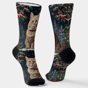 Cute Christmas kitty winter holiday greenery  Socks