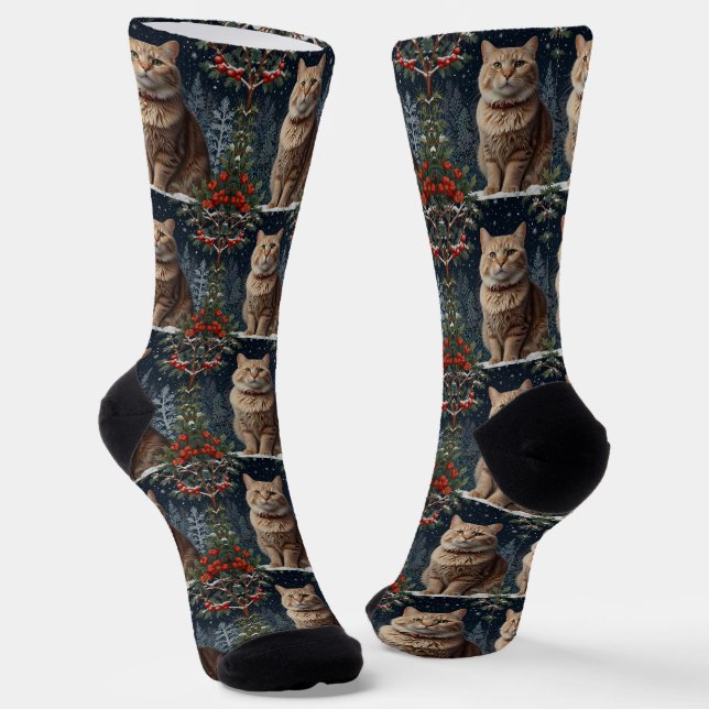 Cute Christmas kitty winter holiday greenery  Socks (Angled)