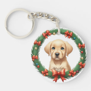 Cute Christmas Labrador Pup Wreath Festive  Keychain
