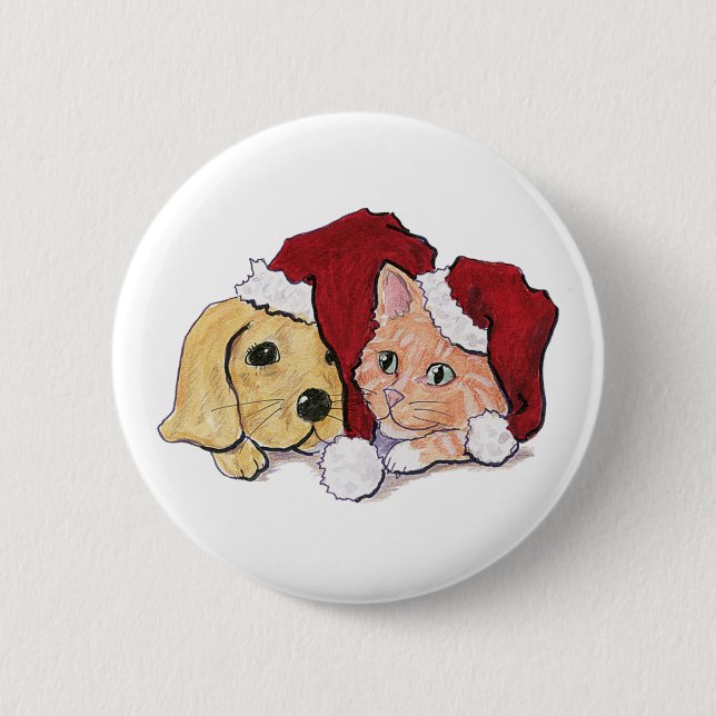 Cute Christmas Labrador Puppy and Orange Tabby 2 Inch Round Button (Front)