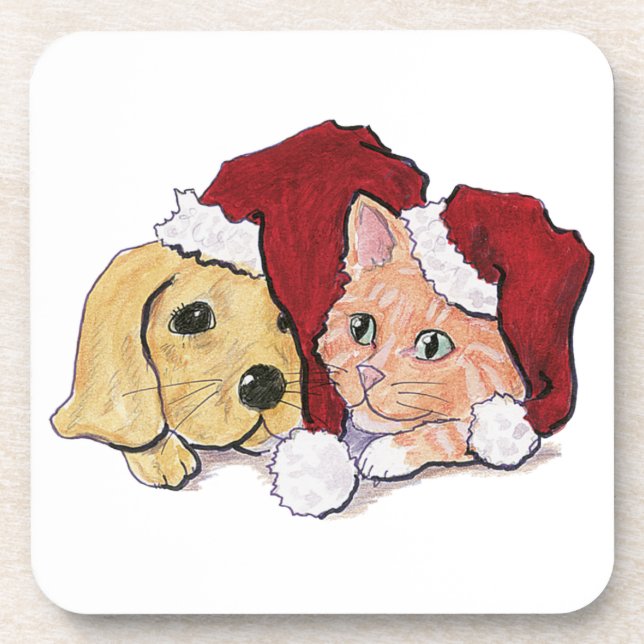 Cute Christmas Labrador Puppy and Orange Tabby Coaster (Front)