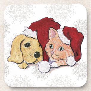 Cute Christmas Labrador Puppy and Orange Tabby Coaster