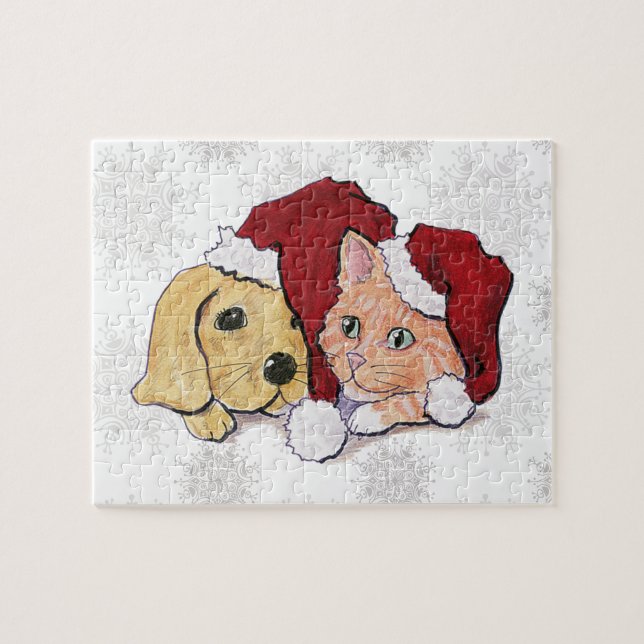Cute Christmas Labrador Puppy and Orange Tabby Jigsaw Puzzle (Horizontal)