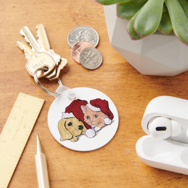 Cute Christmas Labrador Puppy and Orange Tabby Keychain (Desk)