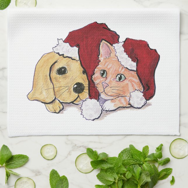 Cute Christmas Labrador Puppy and Orange Tabby Kitchen Towel (Folded)